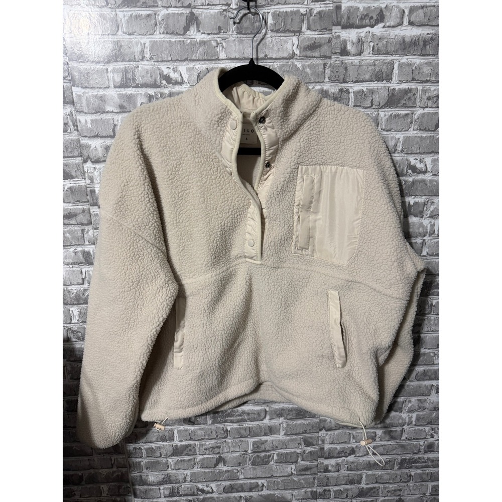 Wilo The Label Cream Sherpa Fleece Snap Pullover Jacket Cream Small